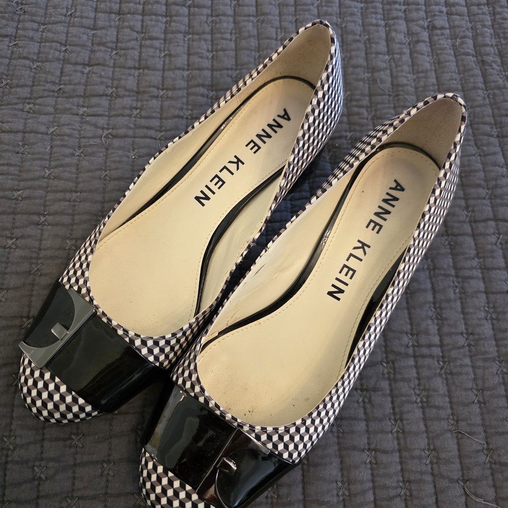 Anne Klein Black & White Checkered Flats with Patent Black Toe Accent